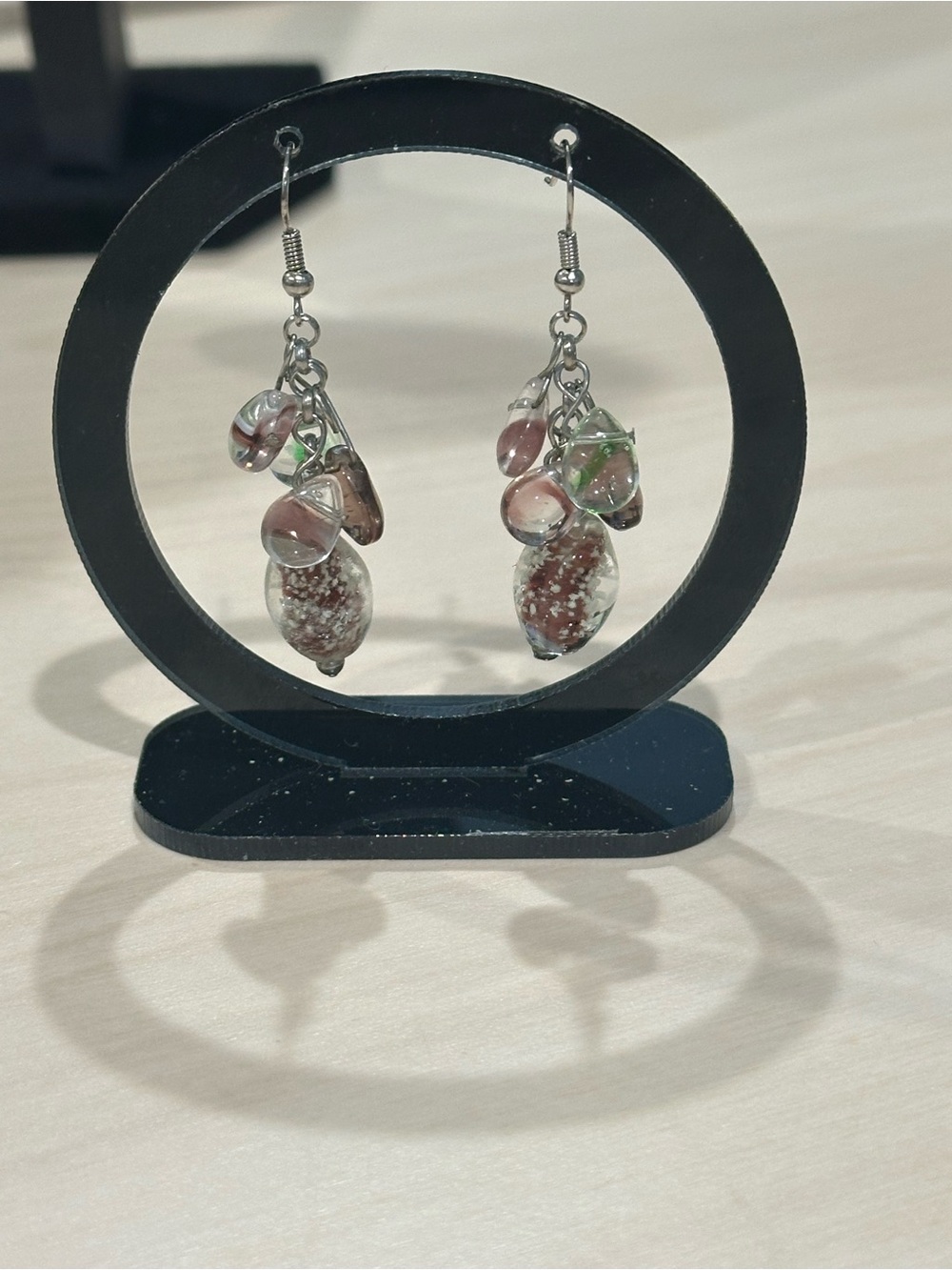 Handmade Pink and Green Glass Cluster Dangle Earrings